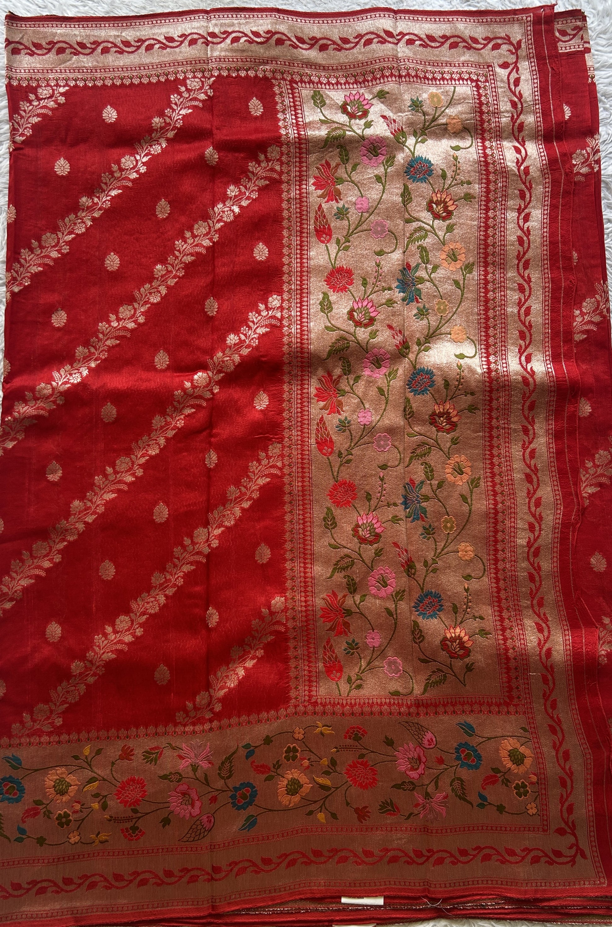 Banarasi Tussar Georgette Saree Red Colored Exquisite Zari Border. - Sampradaya Designer Studio