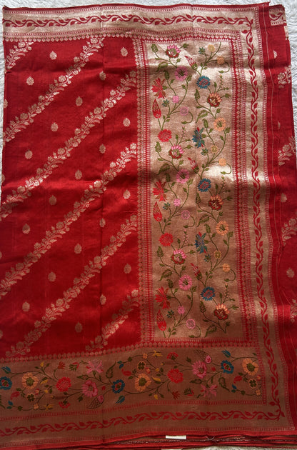 Banarasi Tussar Georgette Saree Red Colored Exquisite Zari Border. - Sampradaya Designer Studio