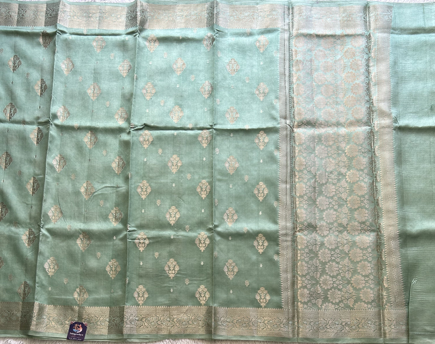 Pure Chiniya Silk Saree Light Mint Green Colored Elegantly Paired with a Gold Zari Border. - Sampradaya Designer Studio