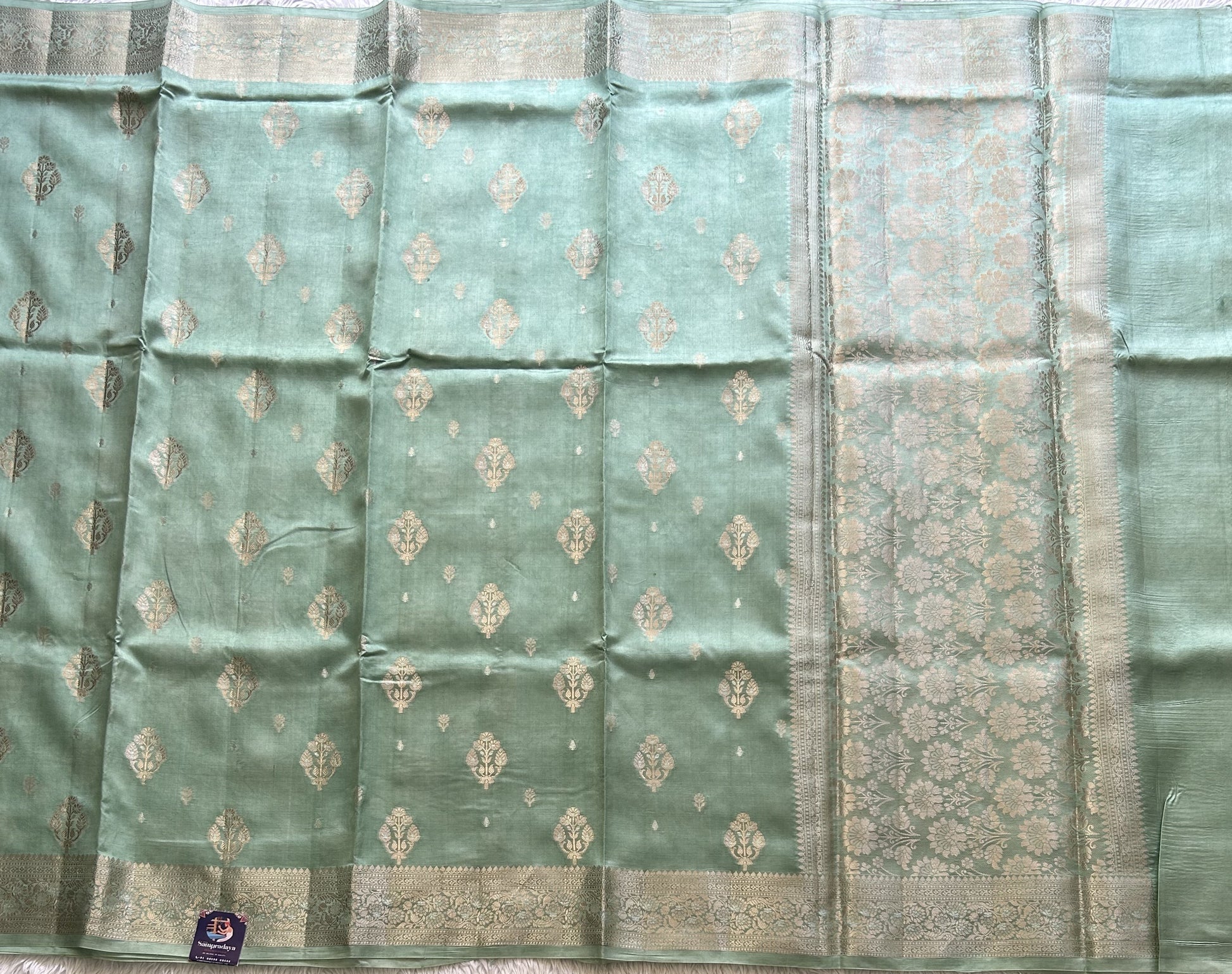 Pure Chiniya Silk Saree Light Mint Green Colored Elegantly Paired with a Gold Zari Border. - Sampradaya Designer Studio