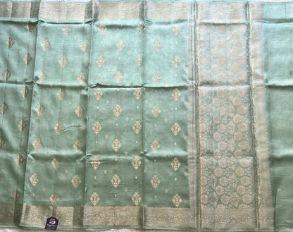 Pure Chiniya Silk Saree Light Mint Green Colored Elegantly Paired with a Gold Zari Border. - Sampradaya Designer Studio