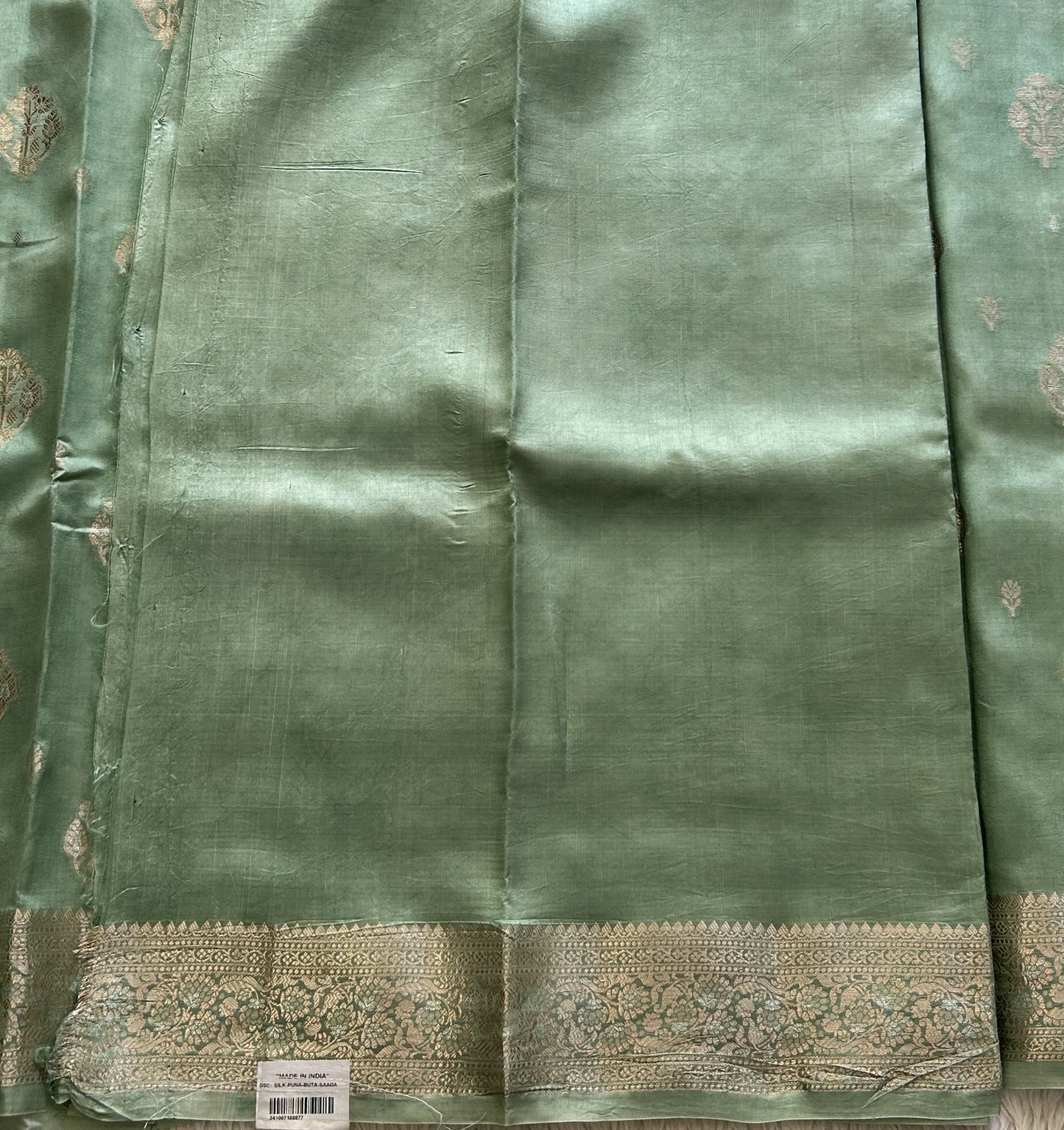 Pure Chiniya Silk Saree Light Mint Green Colored Elegantly Paired with a Gold Zari Border. - Sampradaya Designer Studio