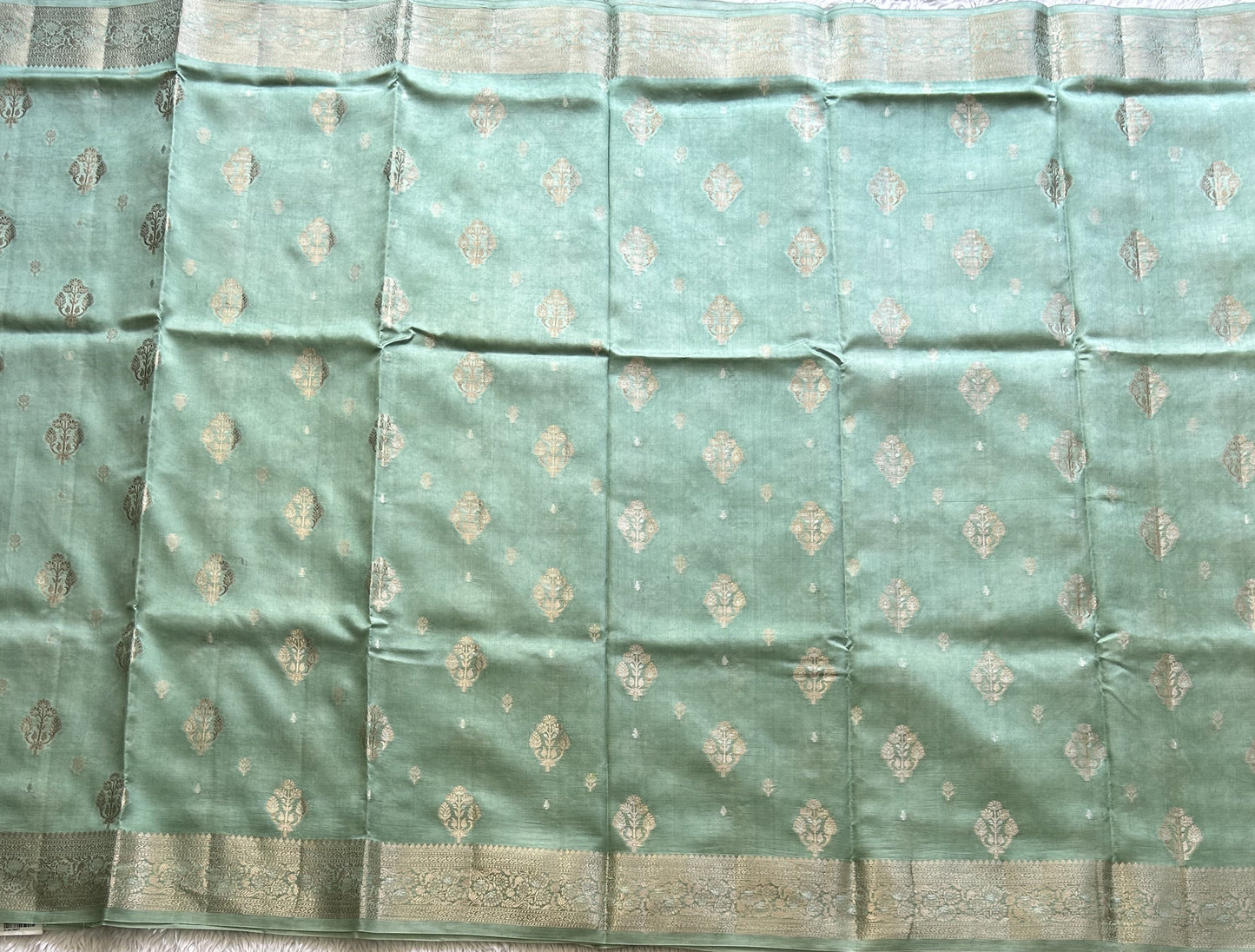 Pure Chiniya Silk Saree Light Mint Green Colored Elegantly Paired with a Gold Zari Border. - Sampradaya Designer Studio