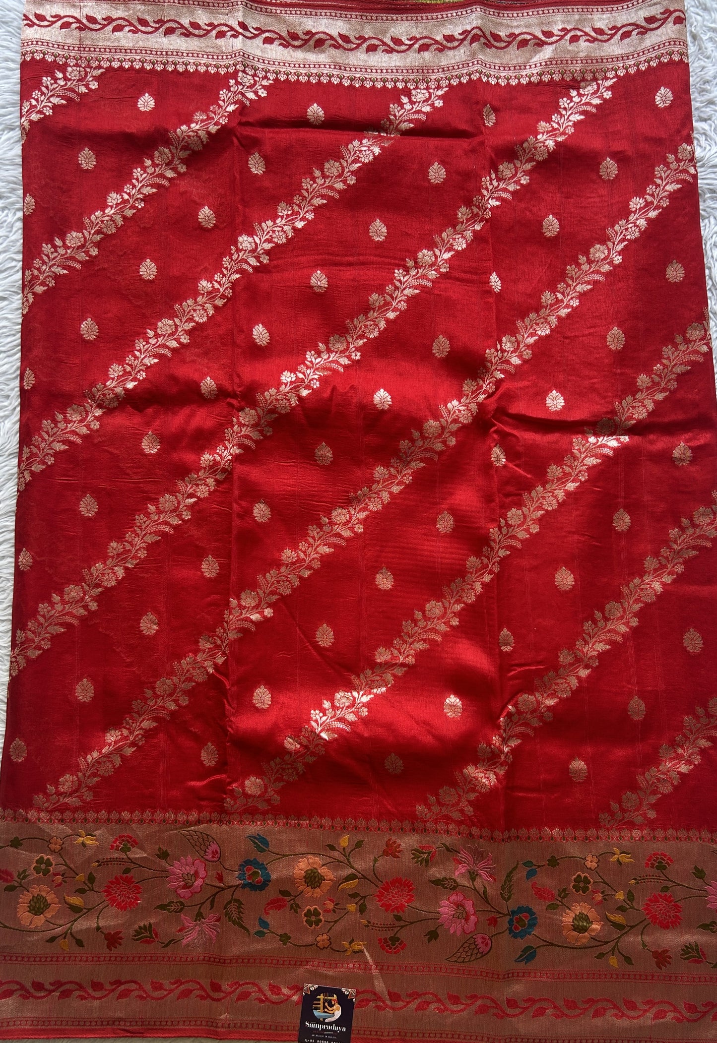 Banarasi Tussar Georgette Saree Red Colored Exquisite Zari Border. - Sampradaya Designer Studio