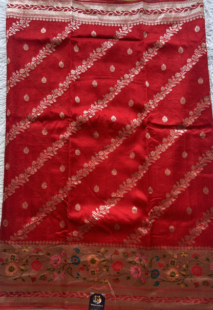 Banarasi Tussar Georgette Saree Red Colored Exquisite Zari Border. - Sampradaya Designer Studio