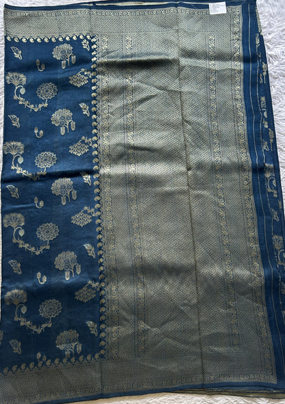 Banarasi Tussar Georgette Saree German Blue Colored Exquisite Zari Border. - Sampradaya Designer Studio