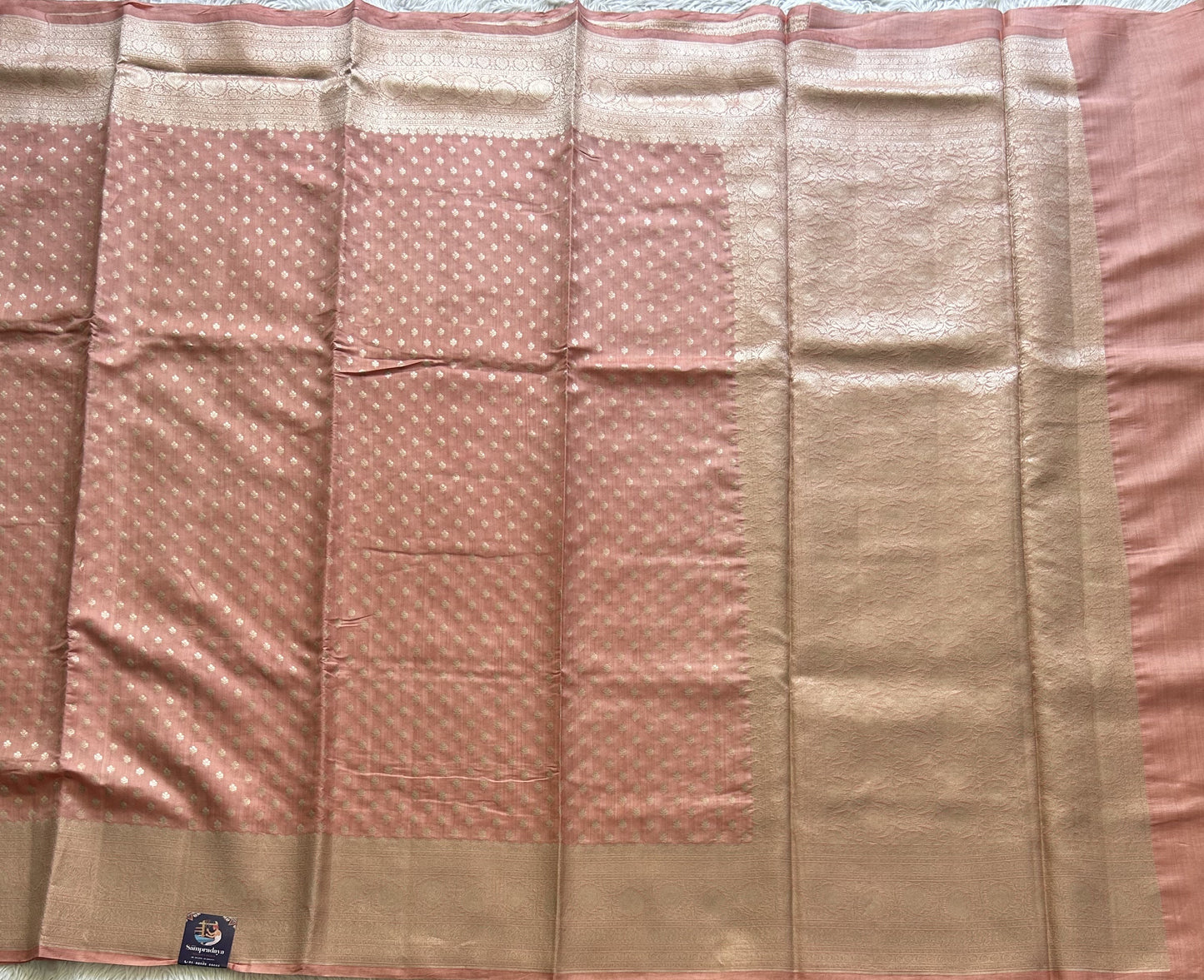 Pure Chiniya Silk Saree Peach Pink Colored Elegantly Paired with a Silver Zari Border. - Sampradaya Designer Studio