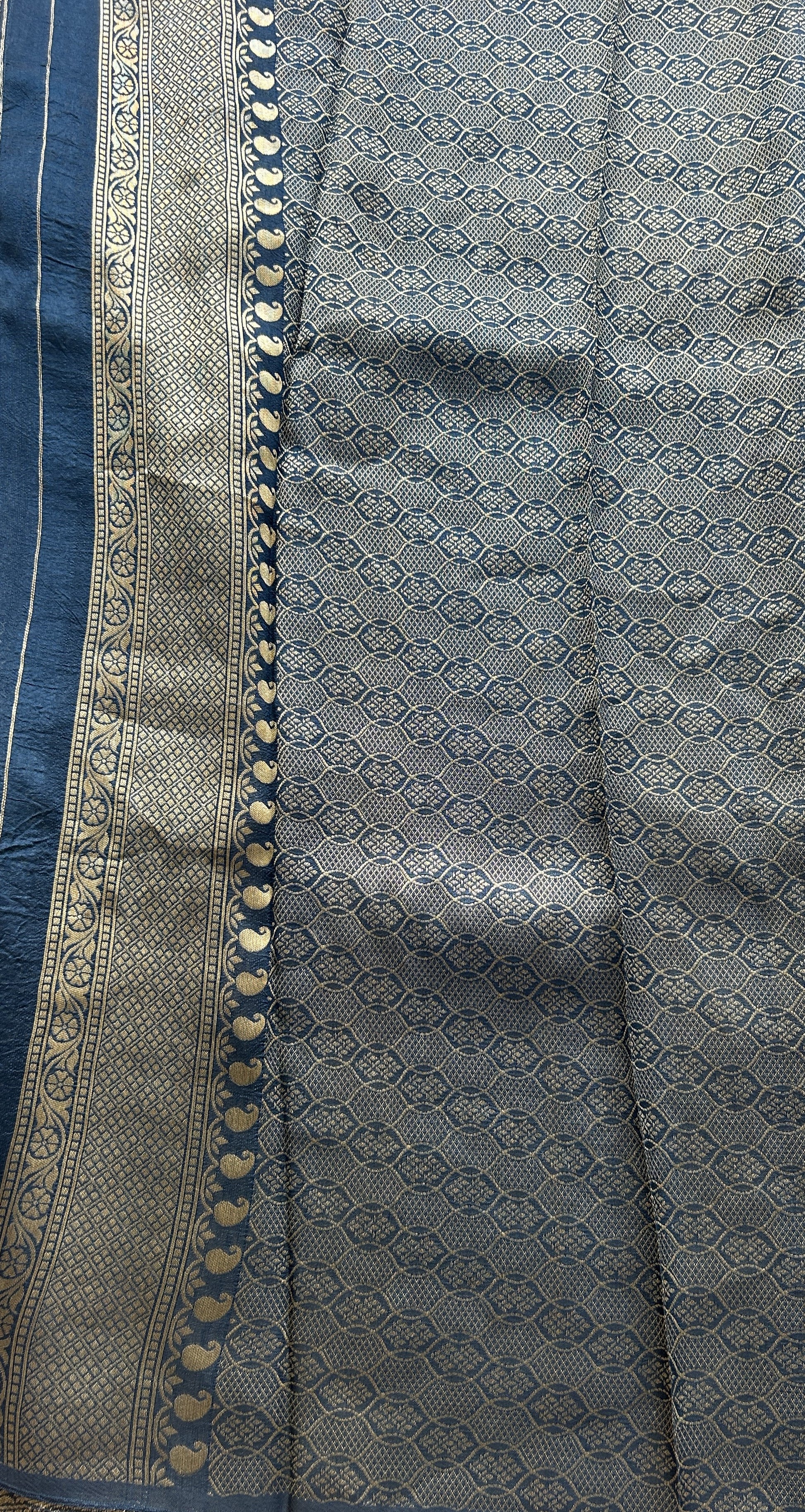 Banarasi Tussar Georgette Saree German Blue Colored Exquisite Zari Border. - Sampradaya Designer Studio