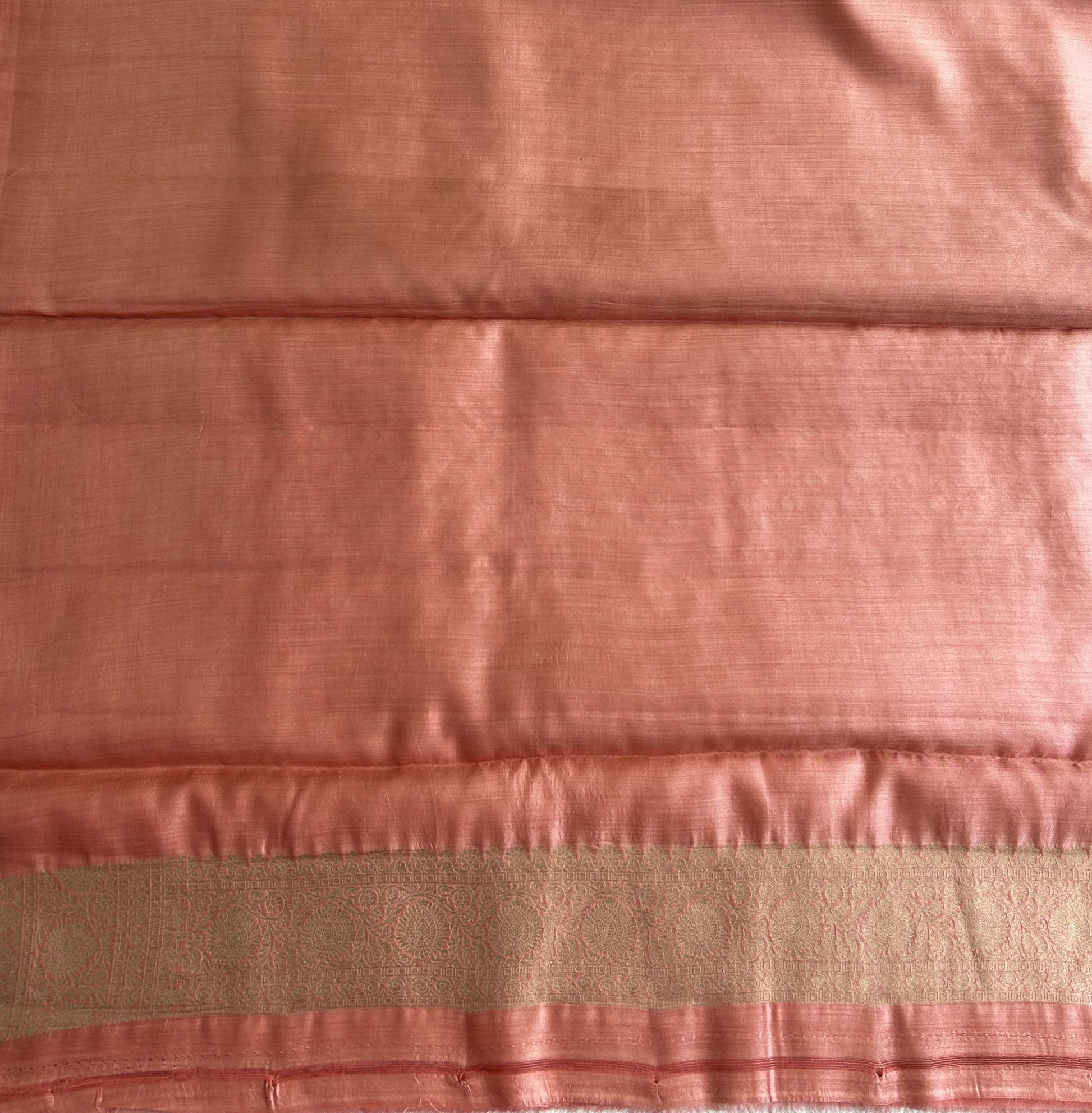 Pure Chiniya Silk Saree Peach Pink Colored Elegantly Paired with a Silver Zari Border. - Sampradaya Designer Studio