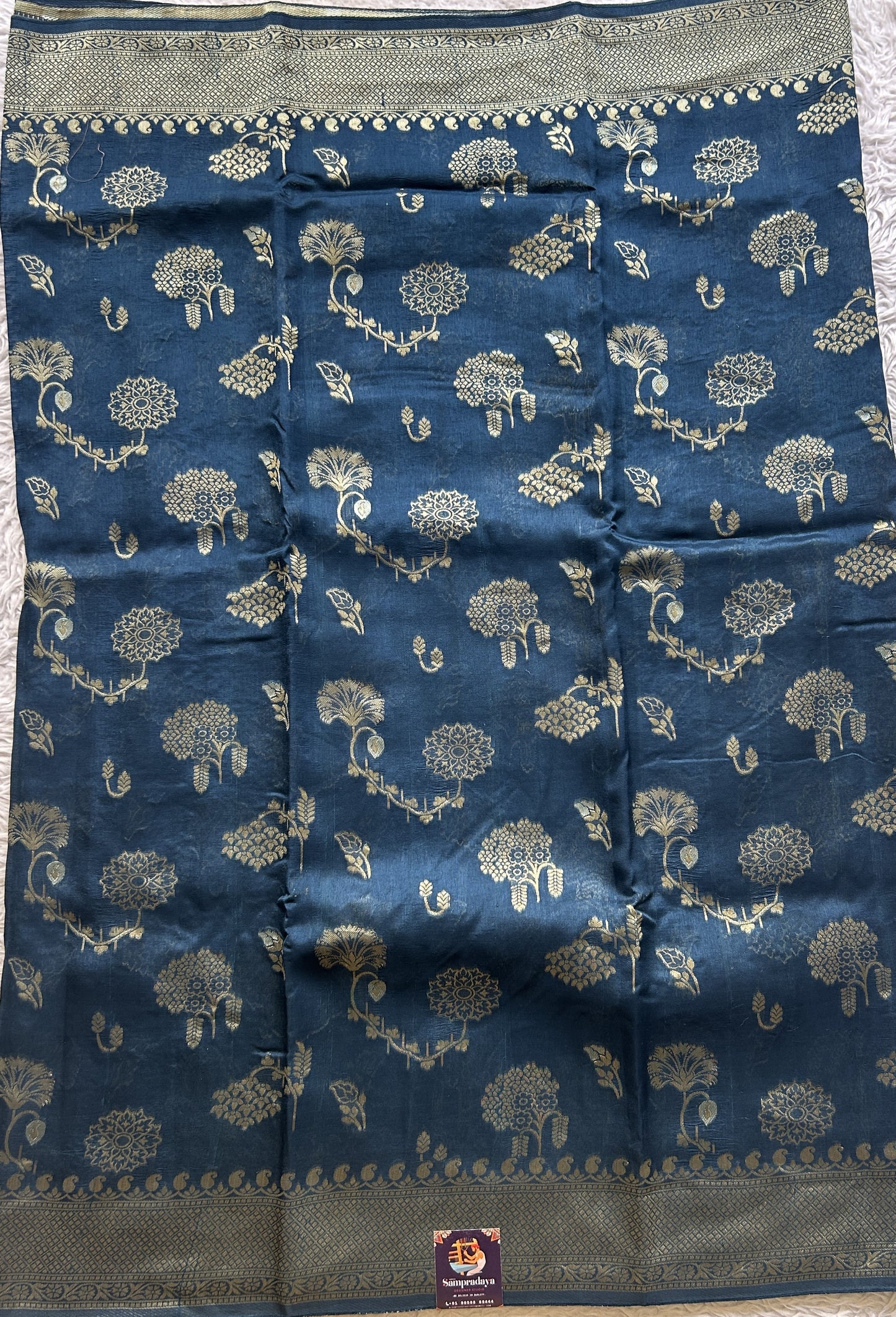 Banarasi Tussar Georgette Saree German Blue Colored Exquisite Zari Border. - Sampradaya Designer Studio