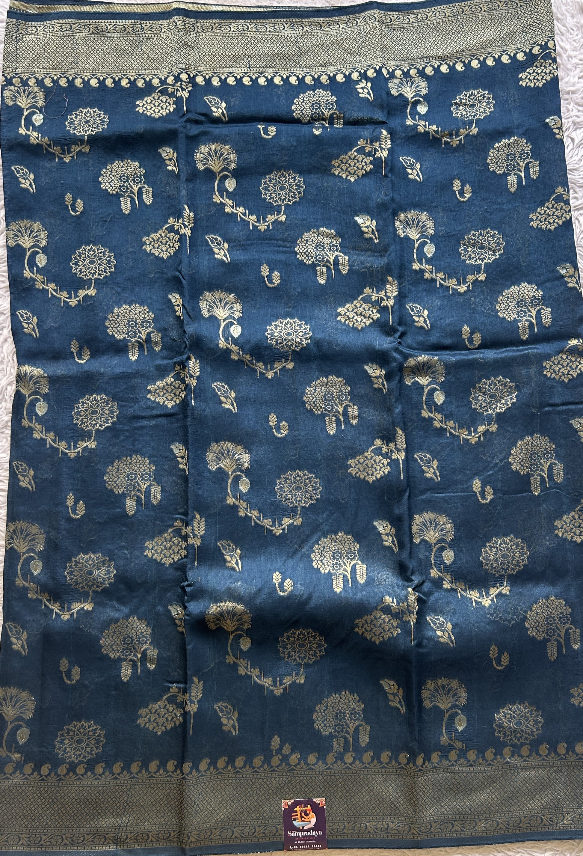 Banarasi Tussar Georgette Saree German Blue Colored Exquisite Zari Border. - Sampradaya Designer Studio