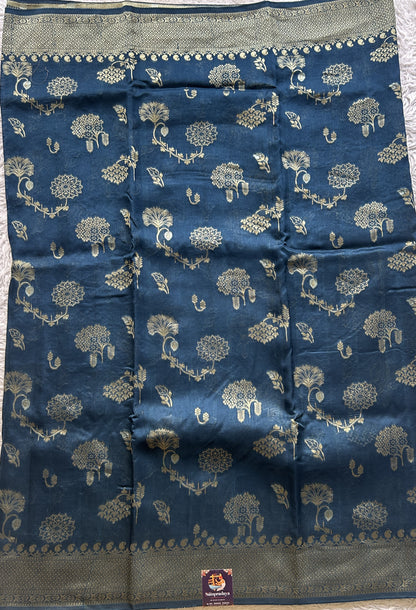 Banarasi Tussar Georgette Saree German Blue Colored Exquisite Zari Border. - Sampradaya Designer Studio
