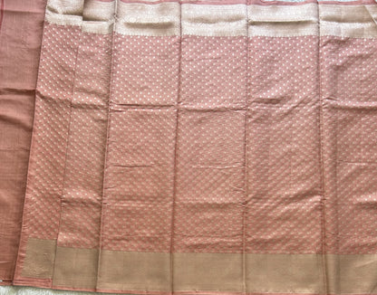 Pure Chiniya Silk Saree Peach Pink Colored Elegantly Paired with a Silver Zari Border. - Sampradaya Designer Studio