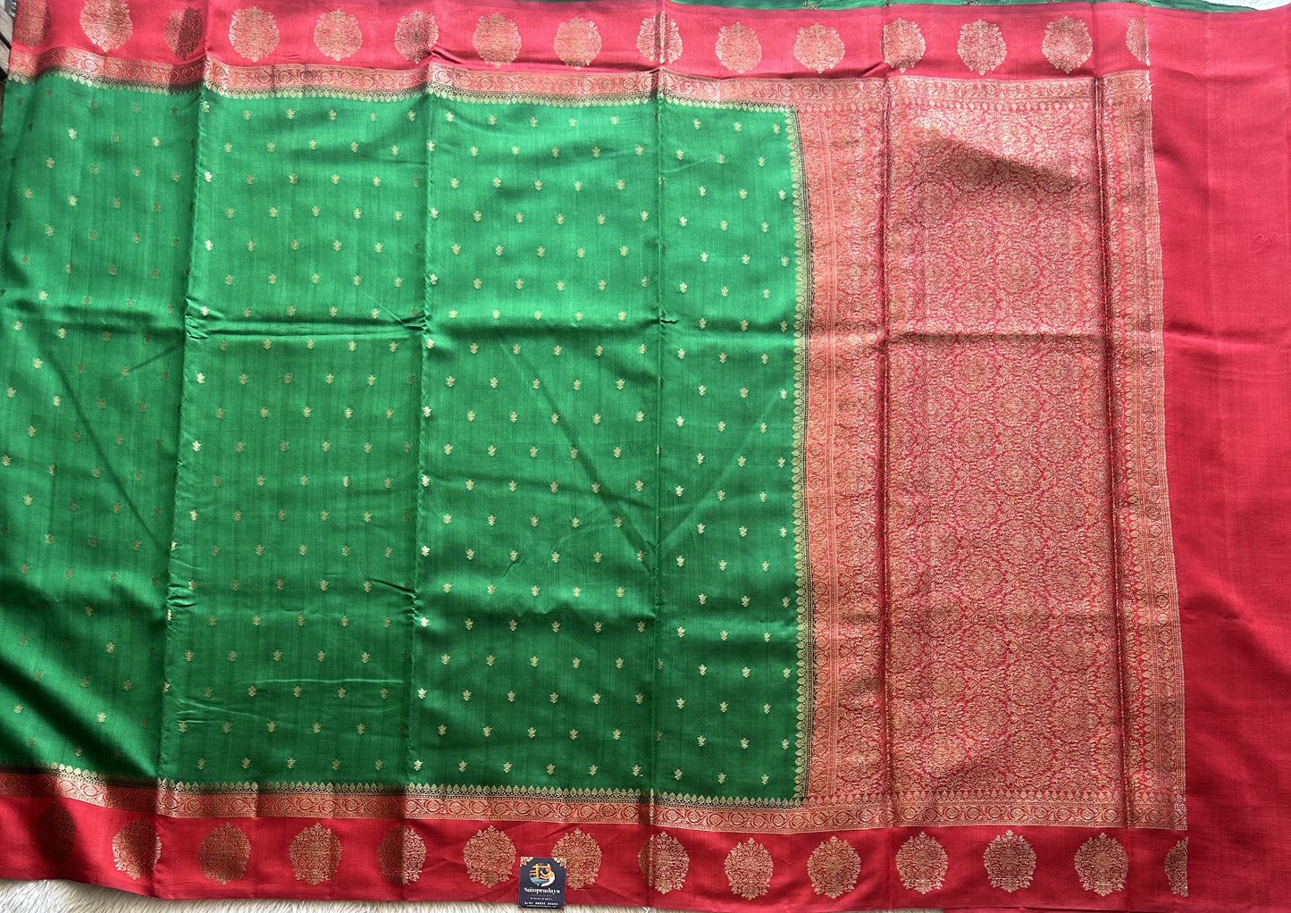 Pure Chiniya Silk Saree Light Green Colored Elegantly Paired with a Gold Zari Border. - Sampradaya Designer Studio