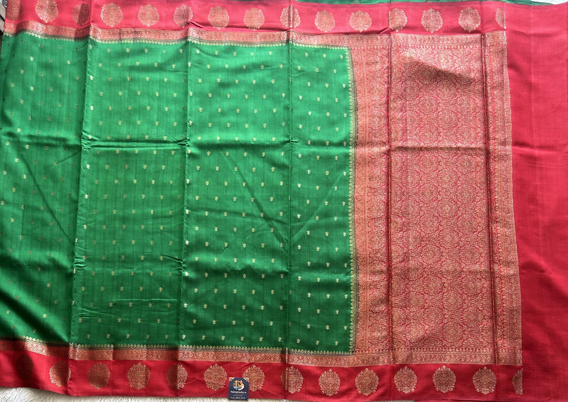 Pure Chiniya Silk Saree Light Green Colored Elegantly Paired with a Gold Zari Border. - Sampradaya Designer Studio