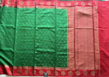 Pure Chiniya Silk Saree Light Green Colored Elegantly Paired with a Gold Zari Border. - Sampradaya Designer Studio