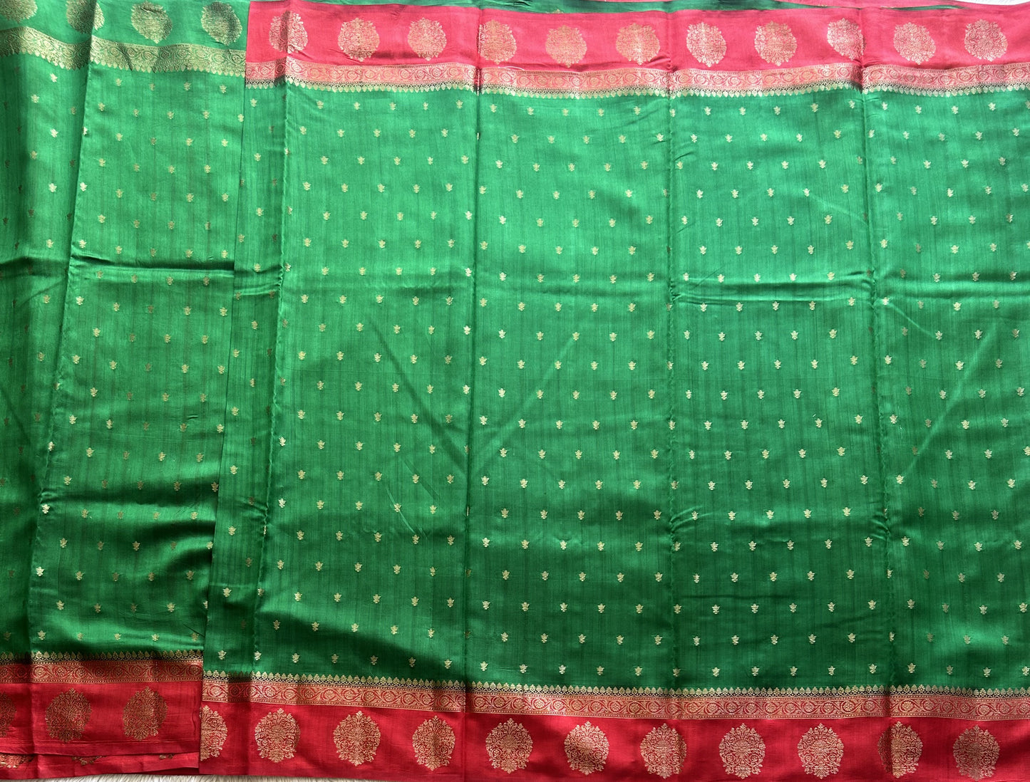 Pure Chiniya Silk Saree Light Green Colored Elegantly Paired with a Gold Zari Border. - Sampradaya Designer Studio