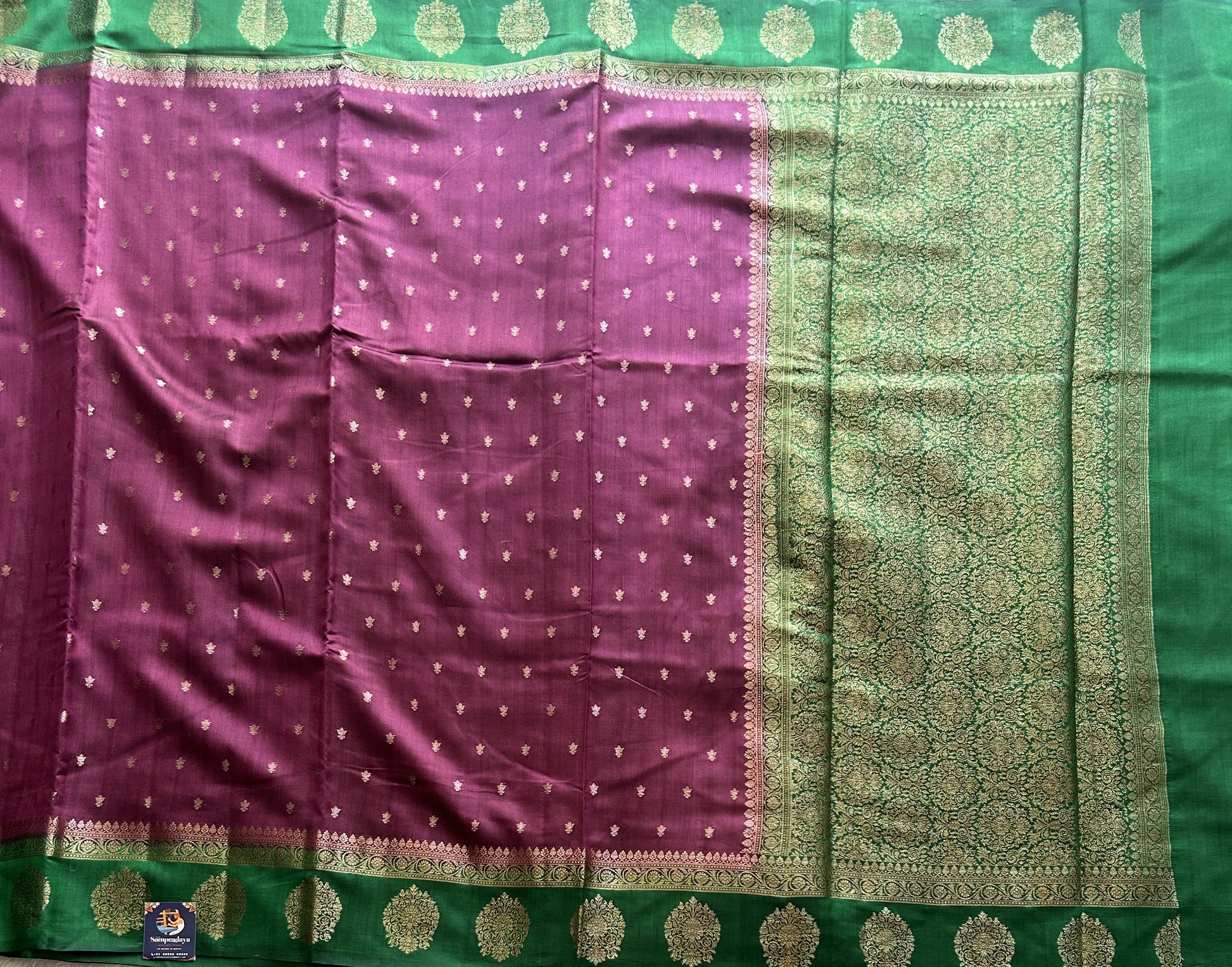 Pure Chiniya Silk Saree Wain Colored Elegantly Paired with a Gold Zari Border. - Sampradaya Designer Studio