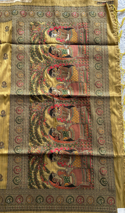 Semi Tussar Saree Turmeric Yellow Colored complemented with a Zari Border. - Sampradaya Designer Studio