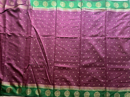Pure Chiniya Silk Saree Wain Colored Elegantly Paired with a Gold Zari Border. - Sampradaya Designer Studio