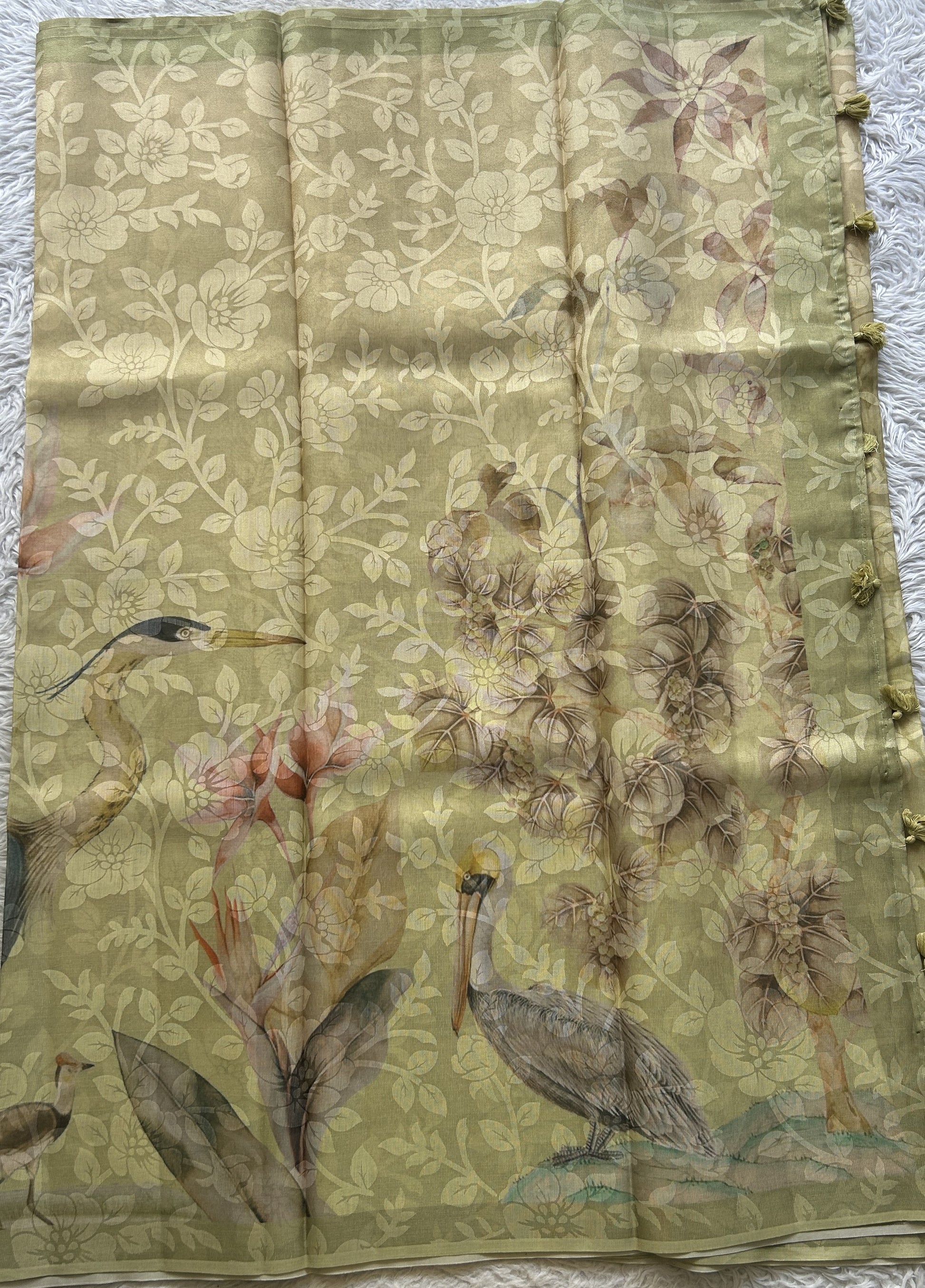 Semi Tussar Tissue Saree Inchworm Colored complemented with a Borderless. - Sampradaya Designer Studio