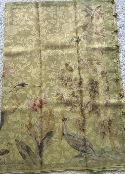 Semi Tussar Tissue Saree Inchworm Colored complemented with a Borderless. - Sampradaya Designer Studio