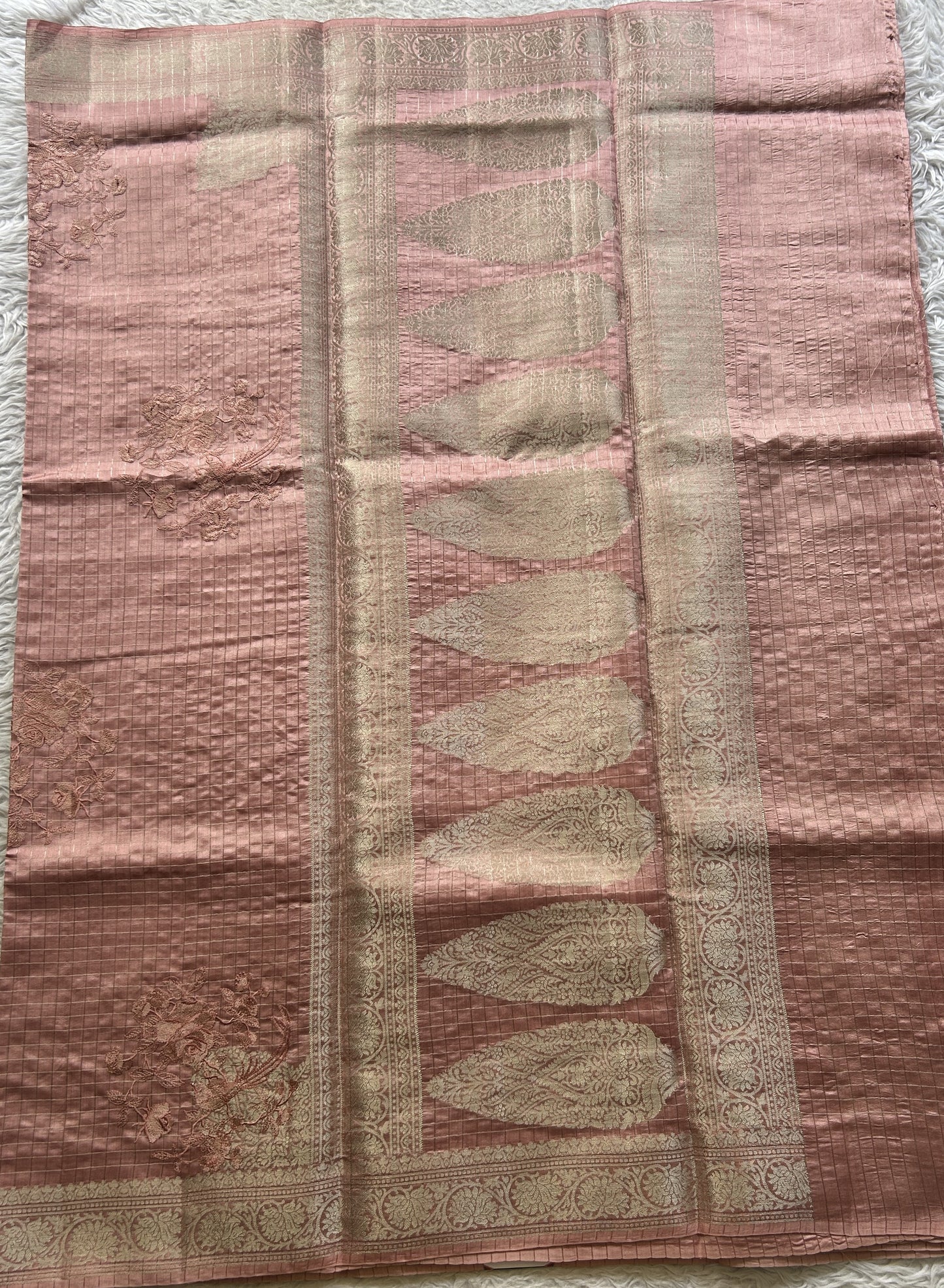 Chiniya Silk Saree Baby Pink Colored Exquisite with a Zari Border. - Sampradaya Designer Studio