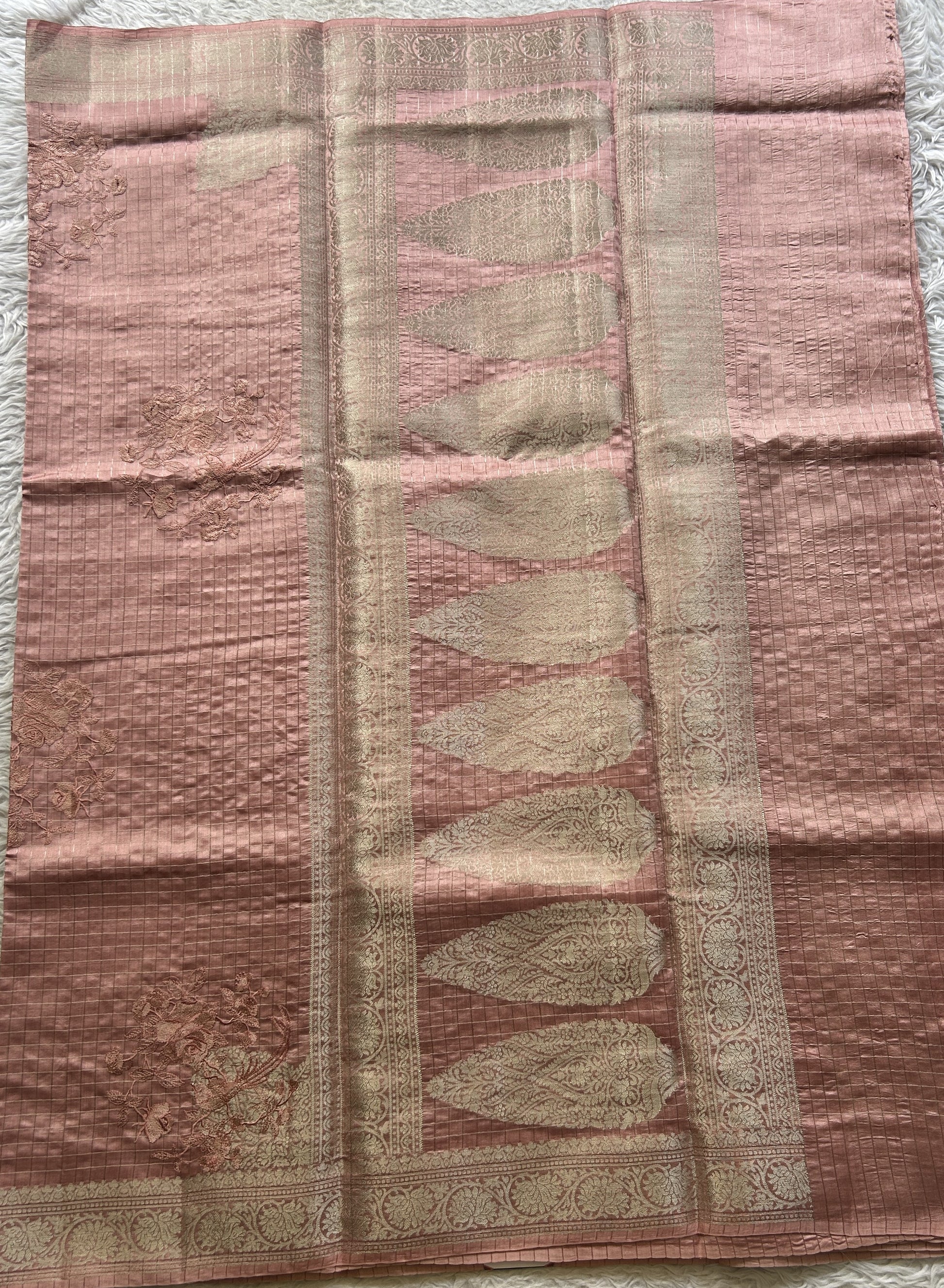 Chiniya Silk Saree Baby Pink Colored Exquisite with a Zari Border. - Sampradaya Designer Studio