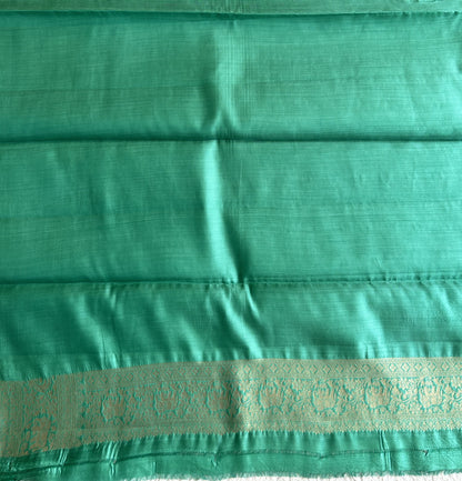 Pure Chiniya Silk Saree Jungle Colored Elegantly Paired with a Silver Zari Border. - Sampradaya Designer Studio