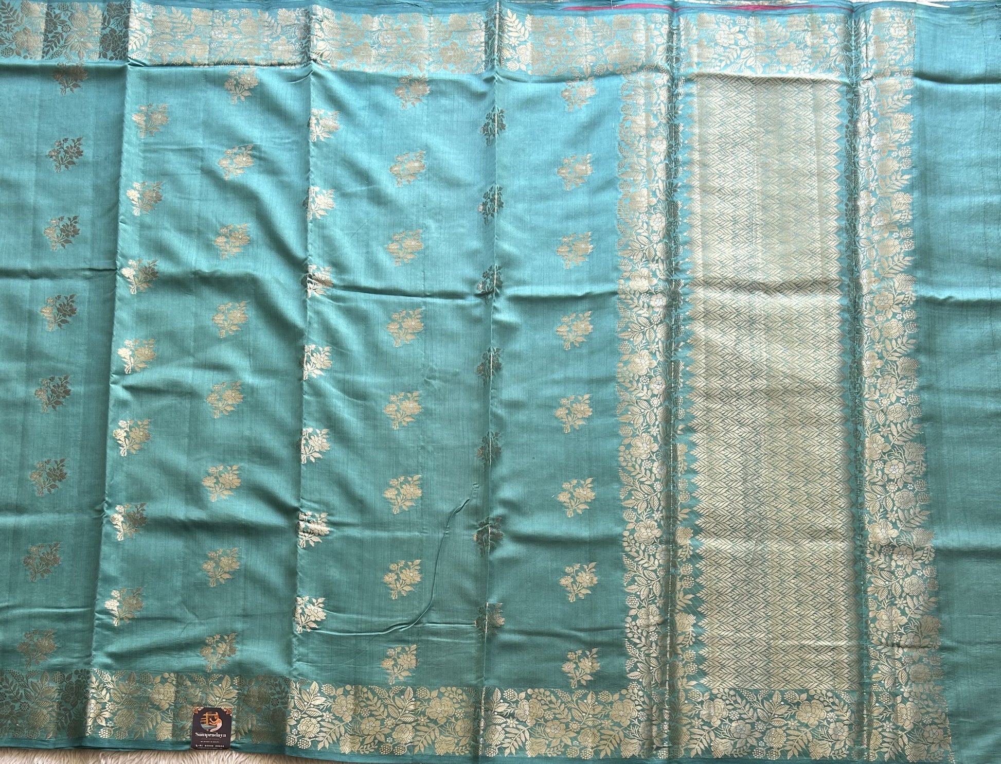 Chiniya Silk Saree Dark Sky Blue Colored Elegantly Paired with a Silver Zari Border. - Sampradaya Designer Studio
