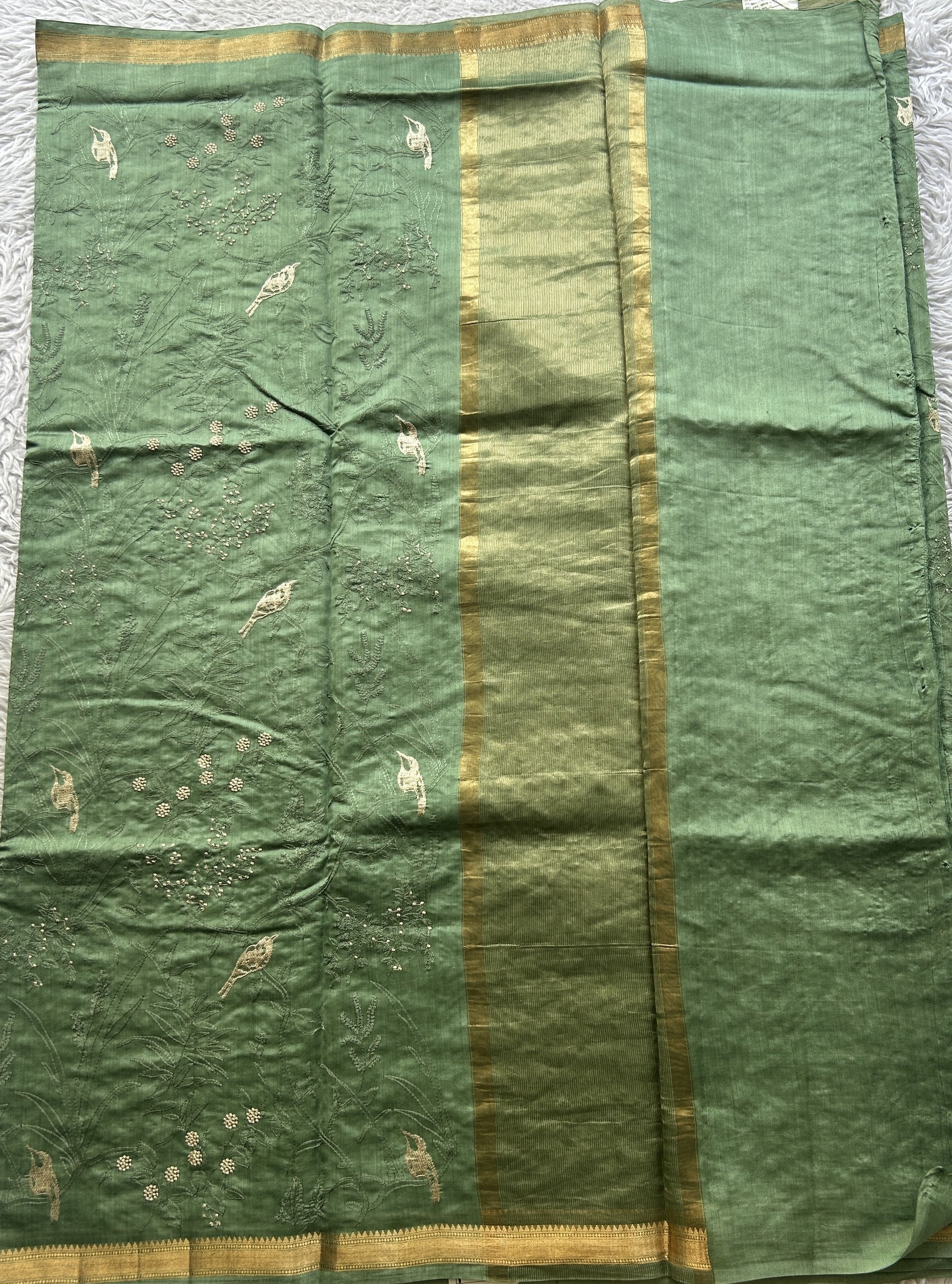 Chiniya Silk Saree Cadmium Green Colored Exquisite with a Zari Border. - Sampradaya Designer Studio