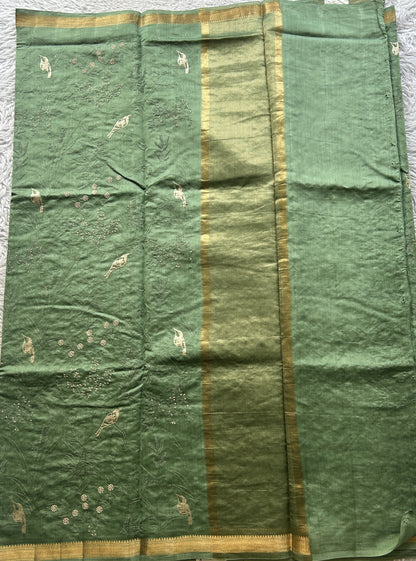 Chiniya Silk Saree Cadmium Green Colored Exquisite with a Zari Border. - Sampradaya Designer Studio