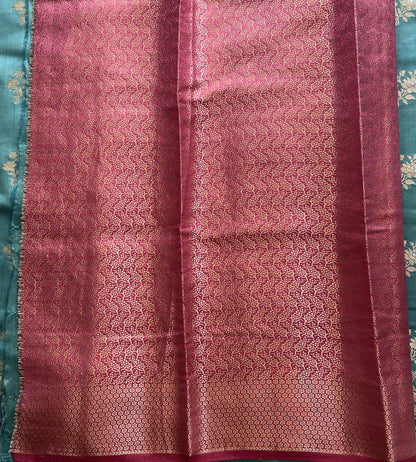 Chiniya Silk Saree Dark Sky Blue Colored Elegantly Paired with a Silver Zari Border. - Sampradaya Designer Studio