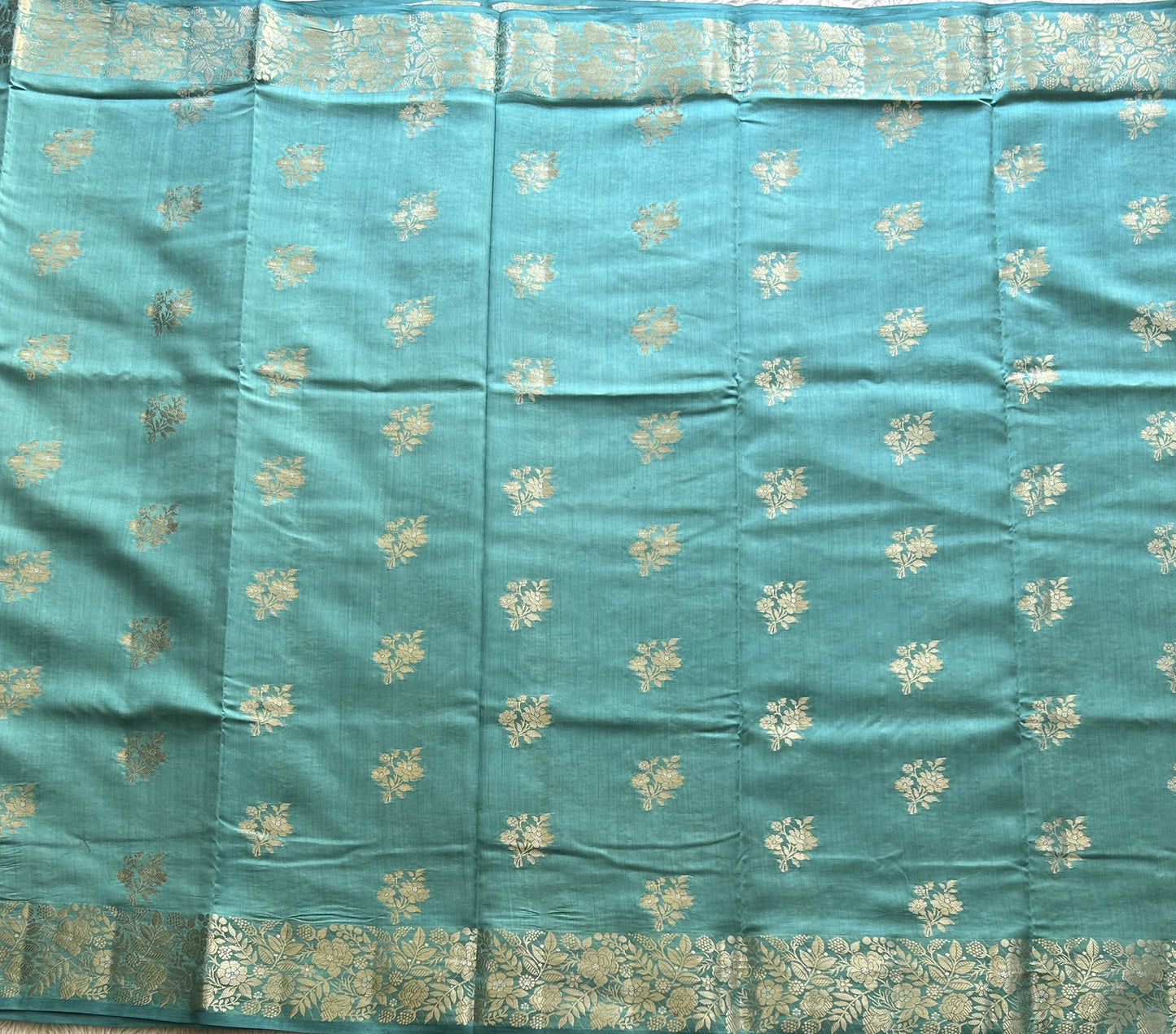 Chiniya Silk Saree Dark Sky Blue Colored Elegantly Paired with a Silver Zari Border. - Sampradaya Designer Studio