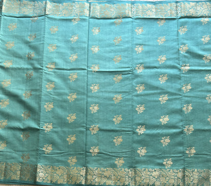 Chiniya Silk Saree Dark Sky Blue Colored Elegantly Paired with a Silver Zari Border. - Sampradaya Designer Studio