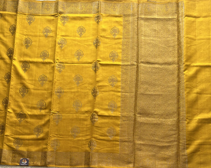 Pure Chiniya Silk Saree Dark Mustard Colored Elegantly Paired with a Gold Zari Border. - Sampradaya Designer Studio