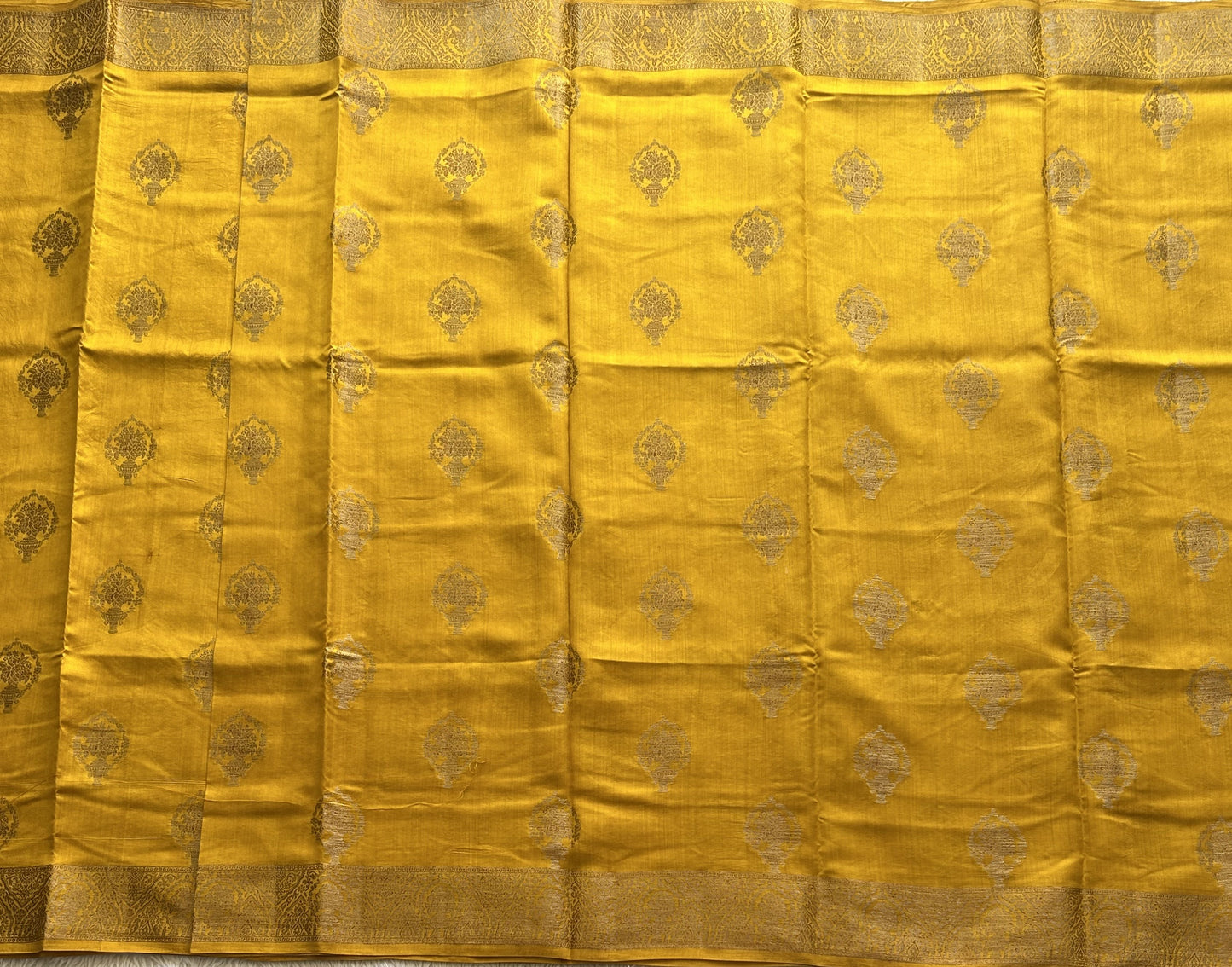 Pure Chiniya Silk Saree Dark Mustard Colored Elegantly Paired with a Gold Zari Border. - Sampradaya Designer Studio