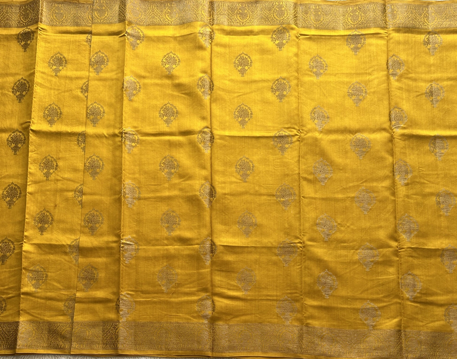 Pure Chiniya Silk Saree Dark Mustard Colored Elegantly Paired with a Gold Zari Border. - Sampradaya Designer Studio