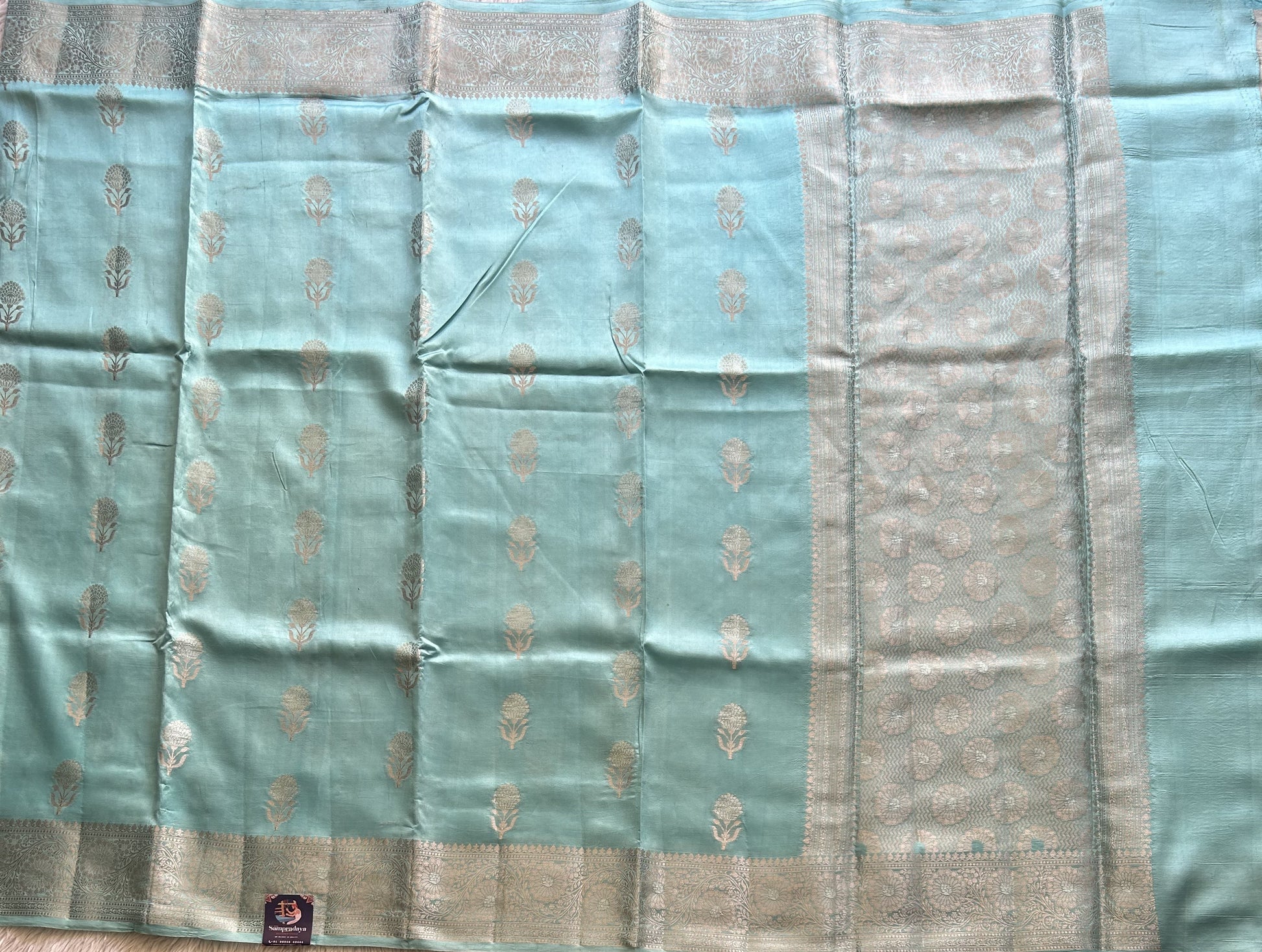 Pure Chiniya Silk Saree Light Sky Blue Colored Elegantly Paired with a Silver Zari Border. - Sampradaya Designer Studio