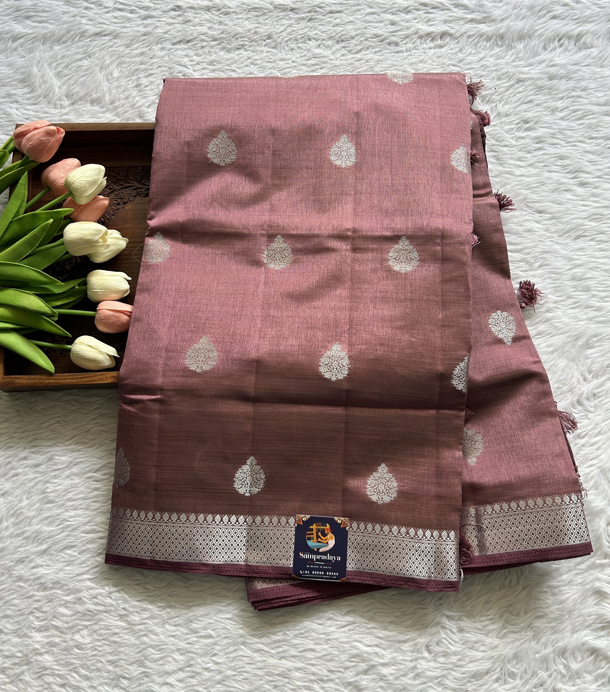 Semi Tussar Saree Magenta Colored complemented with a Zari Border. - Sampradaya Designer Studio