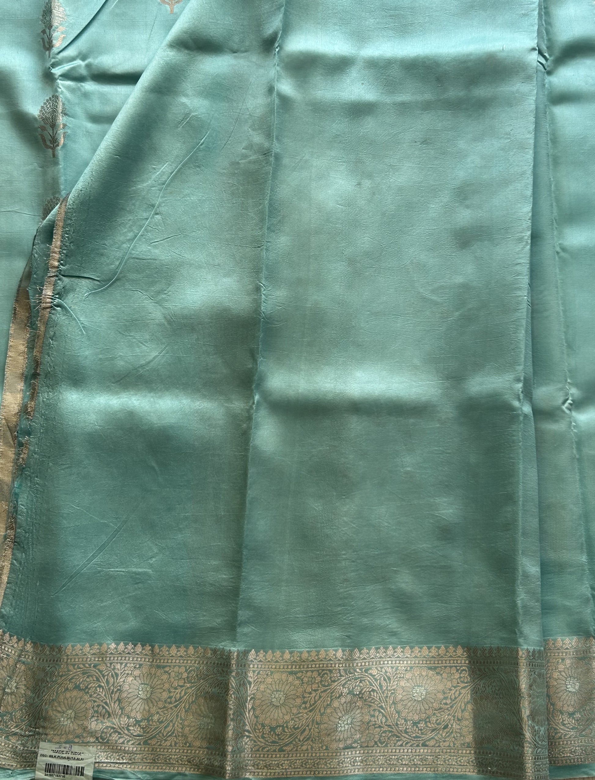 Pure Chiniya Silk Saree Light Sky Blue Colored Elegantly Paired with a Silver Zari Border. - Sampradaya Designer Studio