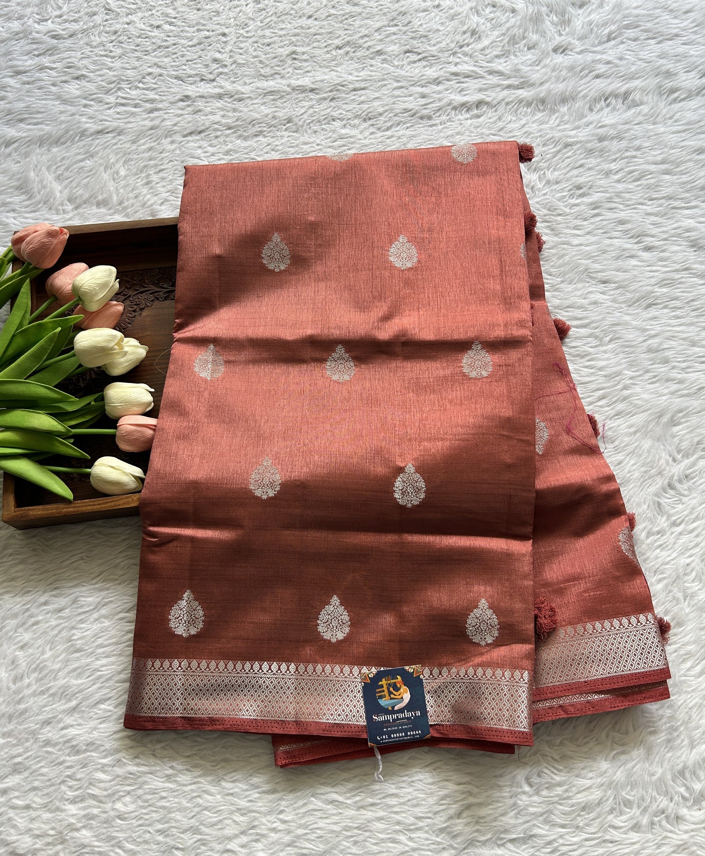 Semi Tussar Saree Rust Colored complemented with a Zari Border. - Sampradaya Designer Studio