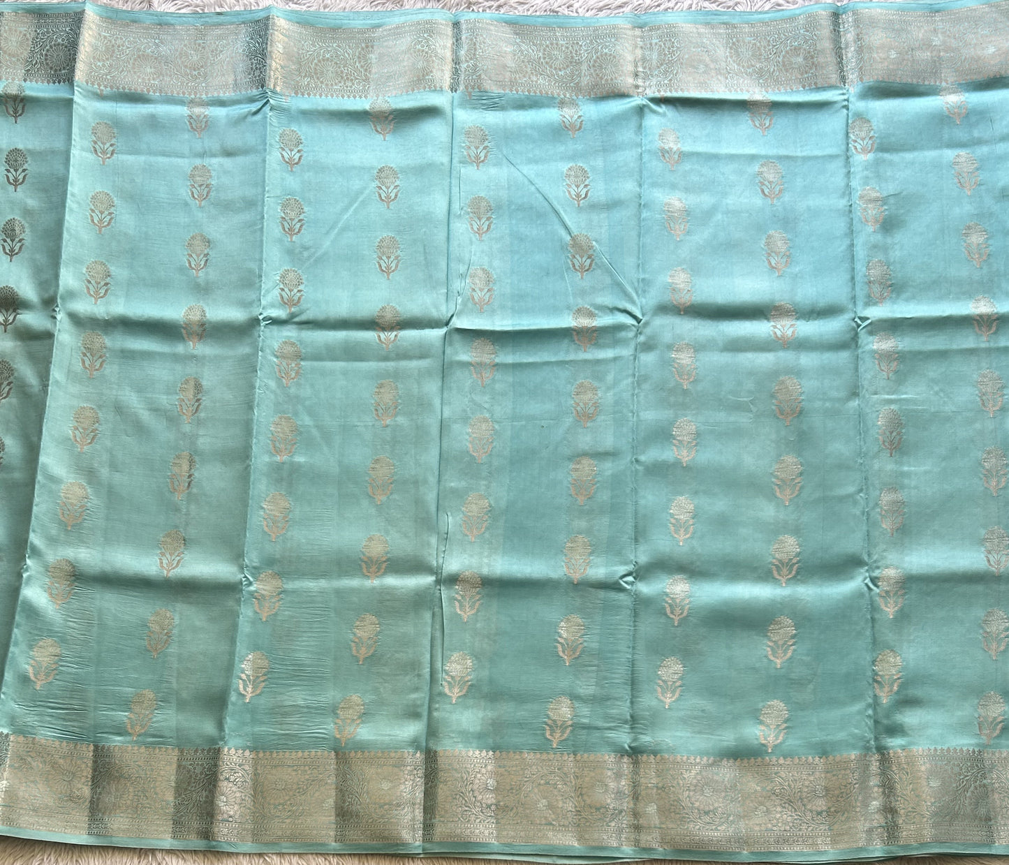 Pure Chiniya Silk Saree Light Sky Blue Colored Elegantly Paired with a Silver Zari Border. - Sampradaya Designer Studio