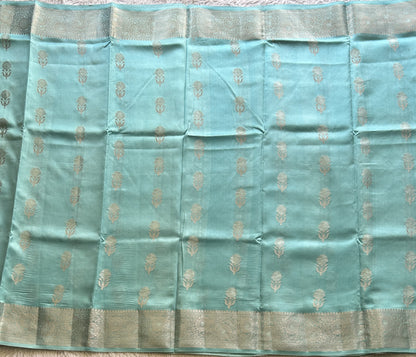 Pure Chiniya Silk Saree Light Sky Blue Colored Elegantly Paired with a Silver Zari Border. - Sampradaya Designer Studio