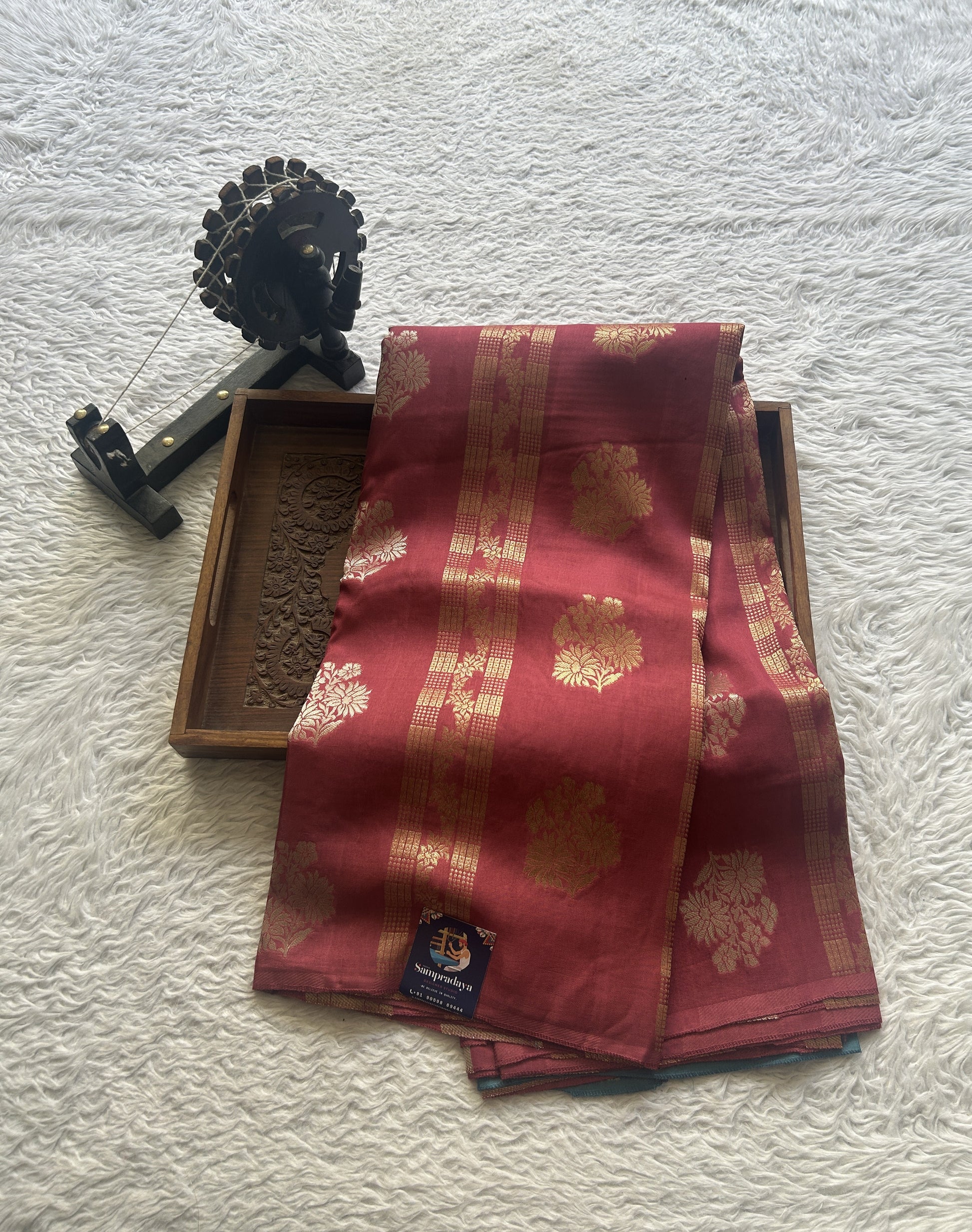 Semi Viscose Georgette Saree Dark Peach Colored Paired with a Borderless. - Sampradaya Designer Studio