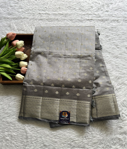 Semi Tussar Saree Gray Colored Complemented with a Zari Border. - Sampradaya Designer Studio