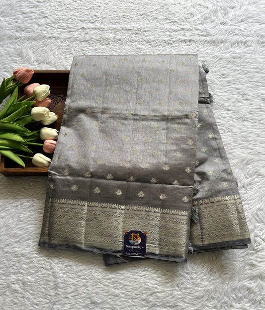 Semi Tussar Saree Gray Colored Complemented with a Zari Border. - Sampradaya Designer Studio