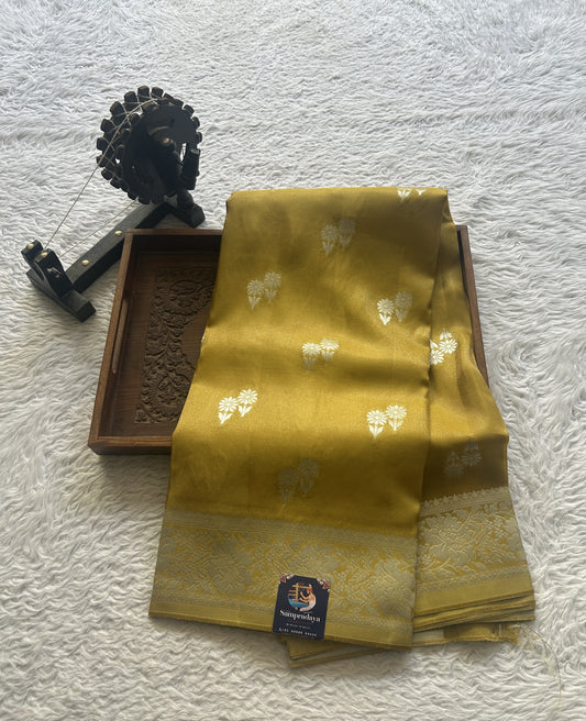 Semi Viscose Georgette Saree Mustard Colored Paired with a Zari Border. - Sampradaya Designer Studio