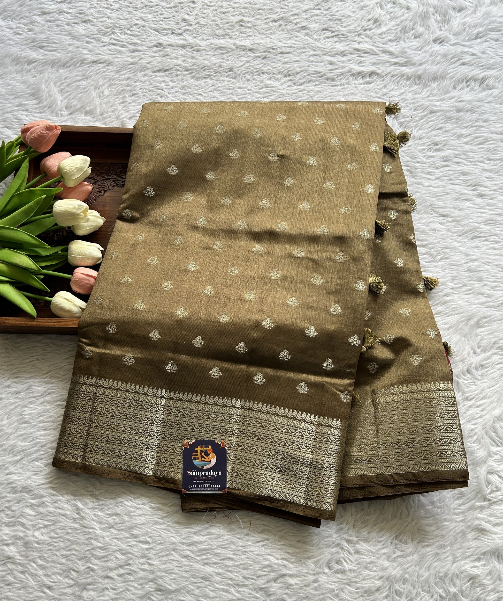 Semi Tussar Saree Dark Olive Green Colored Complemented with a Zari Border. - Sampradaya Designer Studio
