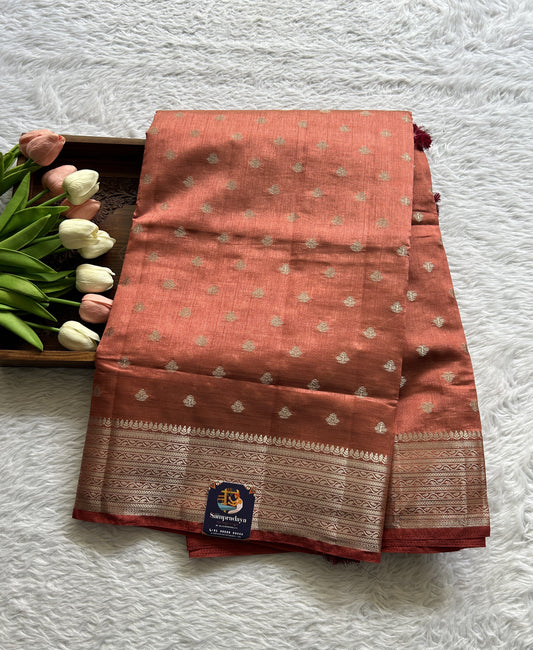 Semi Tussar Saree Peach Colored Complemented with a Zari Border. - Sampradaya Designer Studio